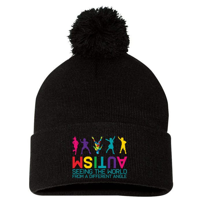 Funny Autism Awareness Seeing The World From Different Angles Pom Pom 12in Knit Beanie