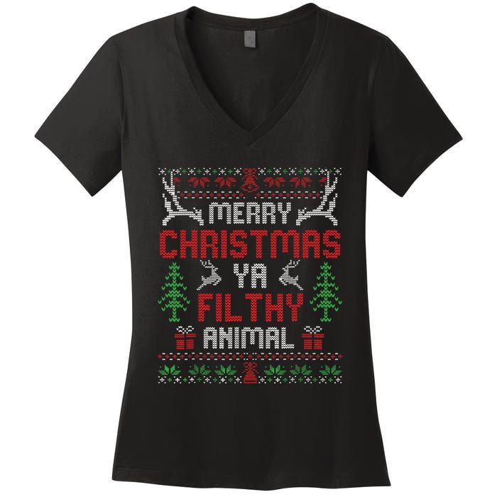 Funny Alone At Home Movies Merry Christmas You Filty Animal Women's V-Neck T-Shirt