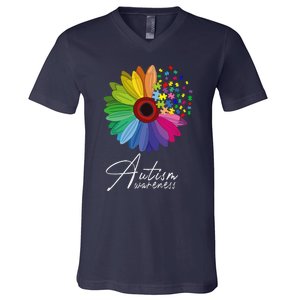 Floral Autism Awareness Daisy Flower For Men Women Long Sleeve V-Neck T-Shirt