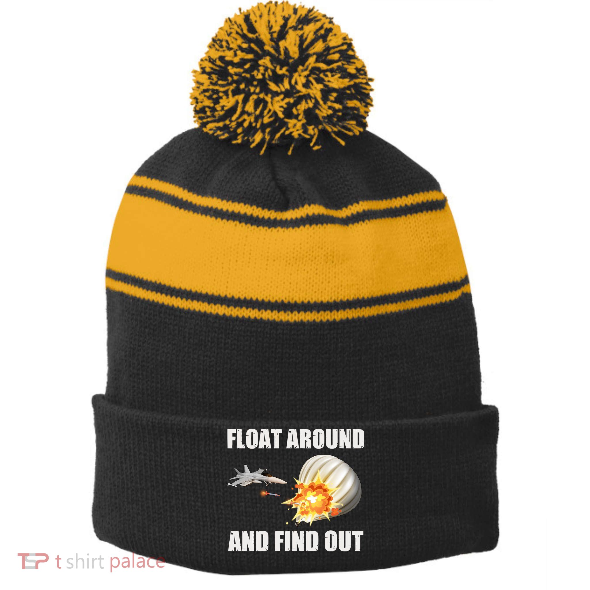 Float Around And Find Out Military Jet Shooting Balloon Stripe Pom Pom Beanie