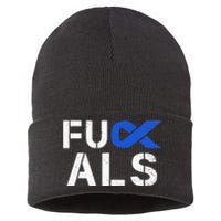 Fuck ALS Awareness Month Blue Ribbon Support Squad Fighter Sustainable Knit Beanie