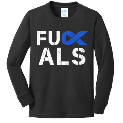 Fuck ALS Awareness Month Blue Ribbon Support Squad Fighter Kids Long Sleeve Shirt
