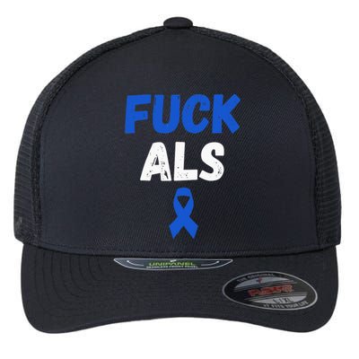 Fuck ALS Awareness Month Blue Ribbon Support Squad Fighter Flexfit Unipanel Trucker Cap