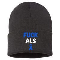 Fuck ALS Awareness Month Blue Ribbon Support Squad Fighter Sustainable Knit Beanie