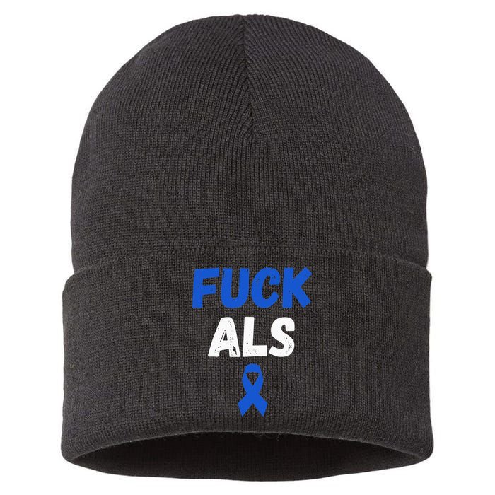 Fuck ALS Awareness Month Blue Ribbon Support Squad Fighter Sustainable Knit Beanie