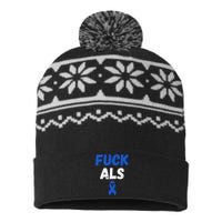 Fuck ALS Awareness Month Blue Ribbon Support Squad Fighter USA-Made Snowflake Beanie