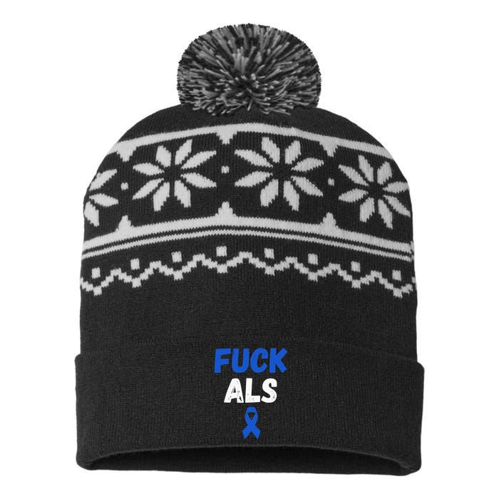 Fuck ALS Awareness Month Blue Ribbon Support Squad Fighter USA-Made Snowflake Beanie