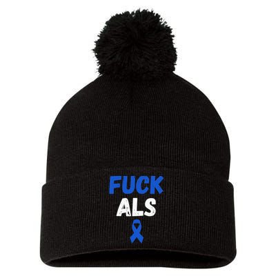 Fuck ALS Awareness Month Blue Ribbon Support Squad Fighter Pom Pom 12in Knit Beanie