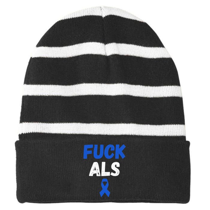 Fuck ALS Awareness Month Blue Ribbon Support Squad Fighter Striped Beanie with Solid Band