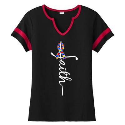 Faith Autism Awareness Month Ribbon Ladies Halftime Notch Neck Tee