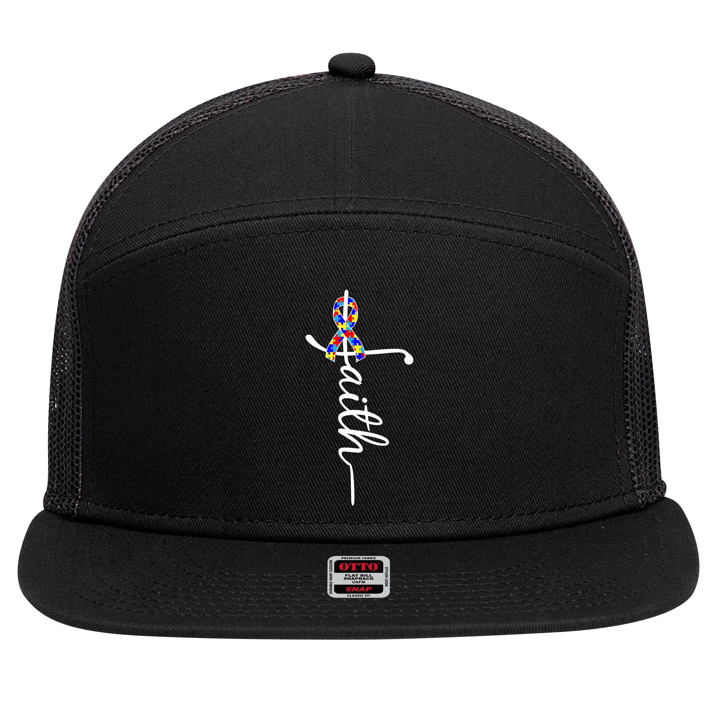Faith Autism Awareness Month Ribbon 7 Panel Mesh Trucker Snapback Hat