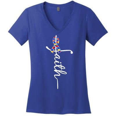 Faith Autism Awareness Month Ribbon Women's V-Neck T-Shirt