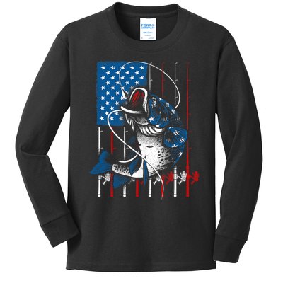 Fishing Art American Flag Usa Fishing Lover Kids Long Sleeve Shirt