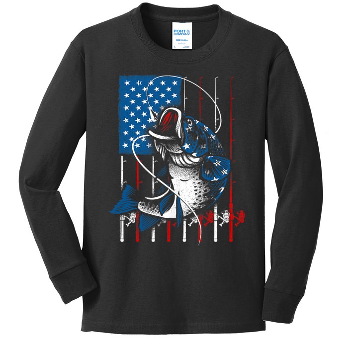 Fishing Art American Flag Usa Fishing Lover Kids Long Sleeve Shirt