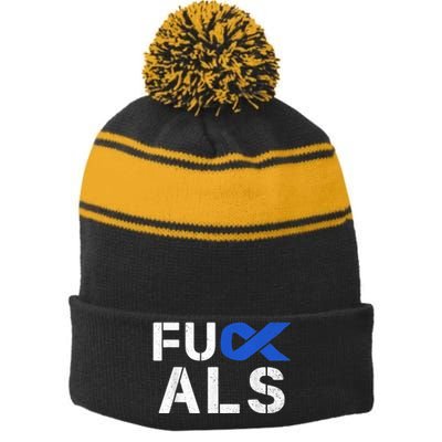 Fuck ALS Awareness Month Blue Ribbon Support Squad Fighter Stripe Pom Pom Beanie