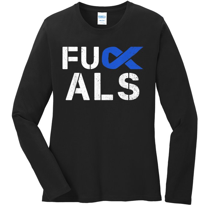 Fuck ALS Awareness Month Blue Ribbon Support Squad Fighter Ladies Long Sleeve Shirt