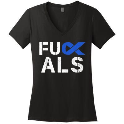 Fuck ALS Awareness Month Blue Ribbon Support Squad Fighter Women's V-Neck T-Shirt