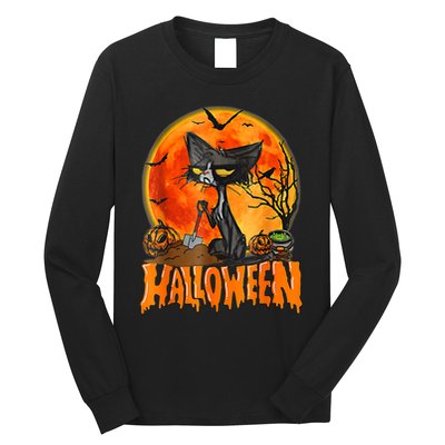 Funny Angry Black Cat Pumpkin Candy Spooky Season Halloween Long Sleeve Shirt