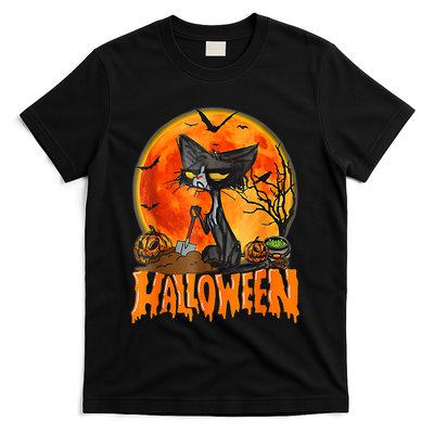 Funny Angry Black Cat Pumpkin Candy Spooky Season Halloween T-Shirt
