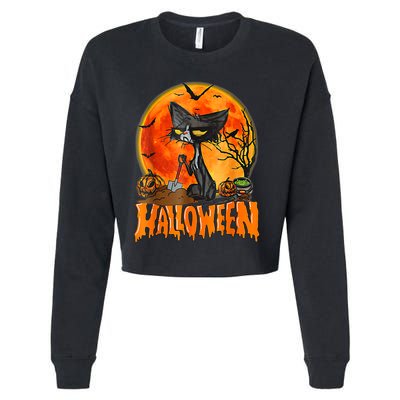 Funny Angry Black Cat Pumpkin Candy Spooky Season Halloween Cropped Pullover Crew