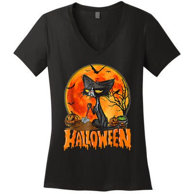 Funny Angry Black Cat Pumpkin Candy Spooky Season Halloween Women's V-Neck T-Shirt