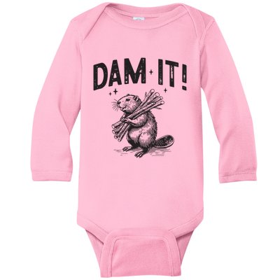 Funny Animal Beaver Dam It Baby Long Sleeve Bodysuit