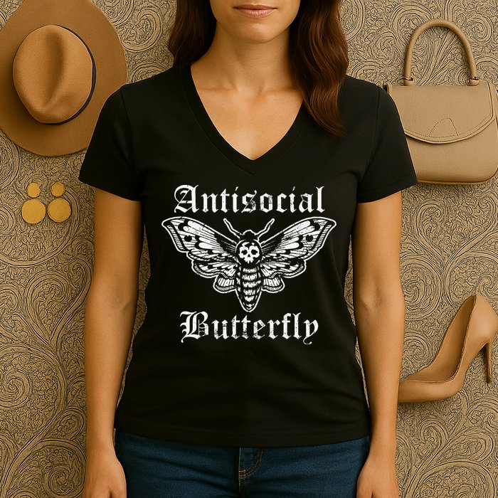 Funny Antisocial Butterfly Introvert Distressed Design Women's V-Neck T-Shirt