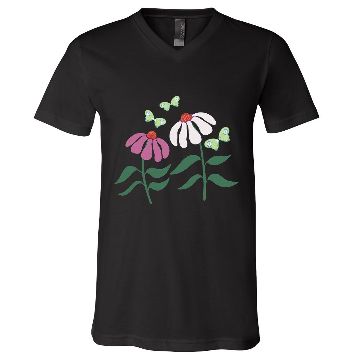 Flower And Butterfly Cone Flower And Butterflies V-Neck T-Shirt