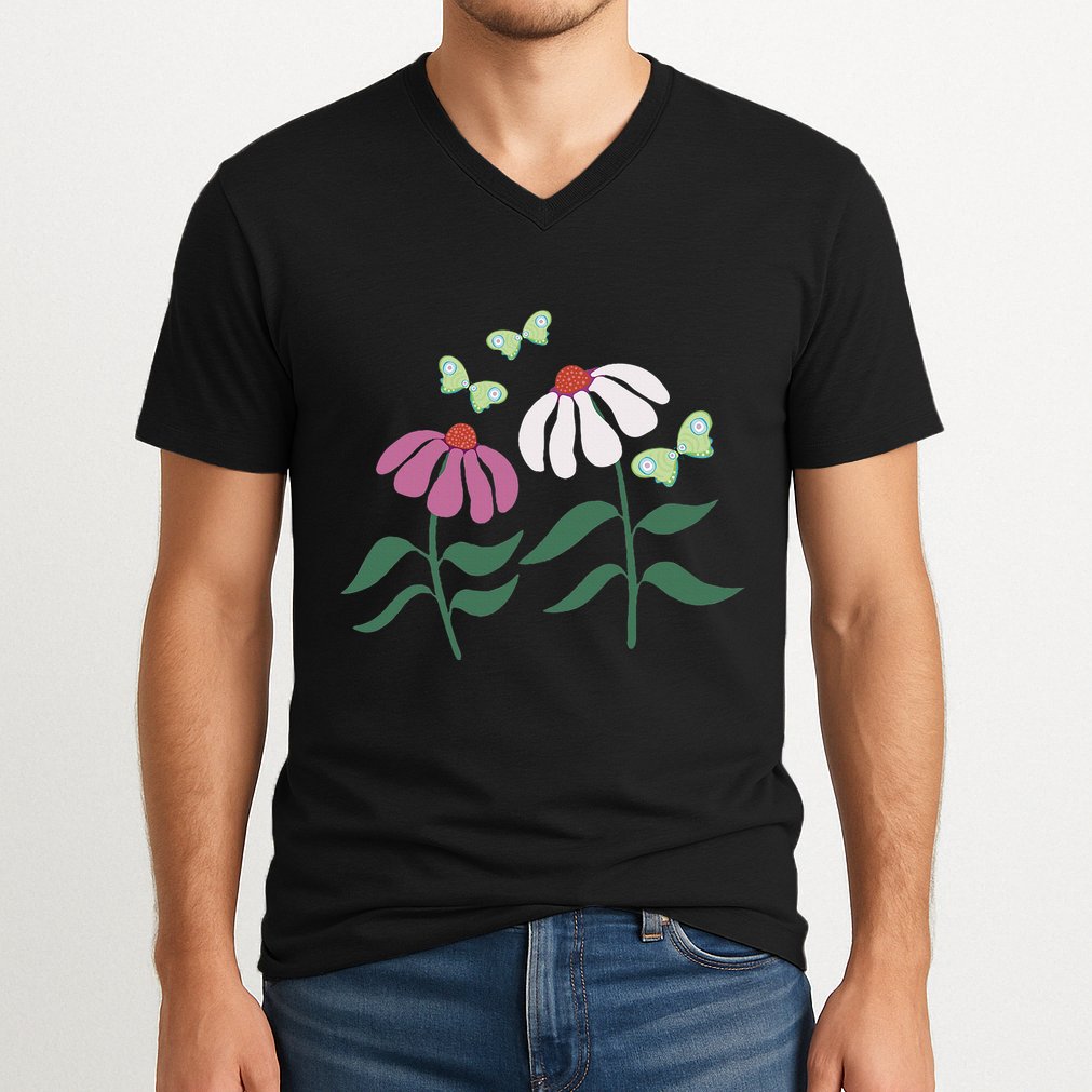 Flower And Butterfly Cone Flower And Butterflies V-Neck T-Shirt