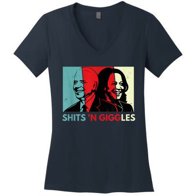 Funny Anti Biden Harris Shits 'N Giggles Political Gift Women's V-Neck T-Shirt