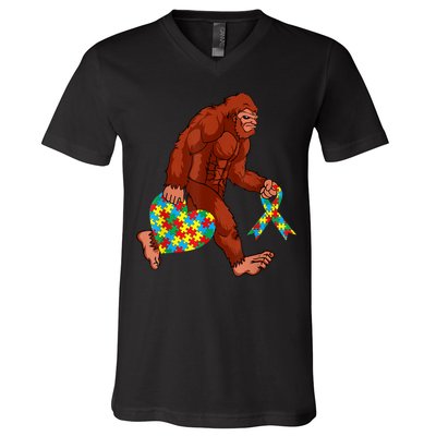 Funny Autism Bigfoot Autism Awareness Month V-Neck T-Shirt