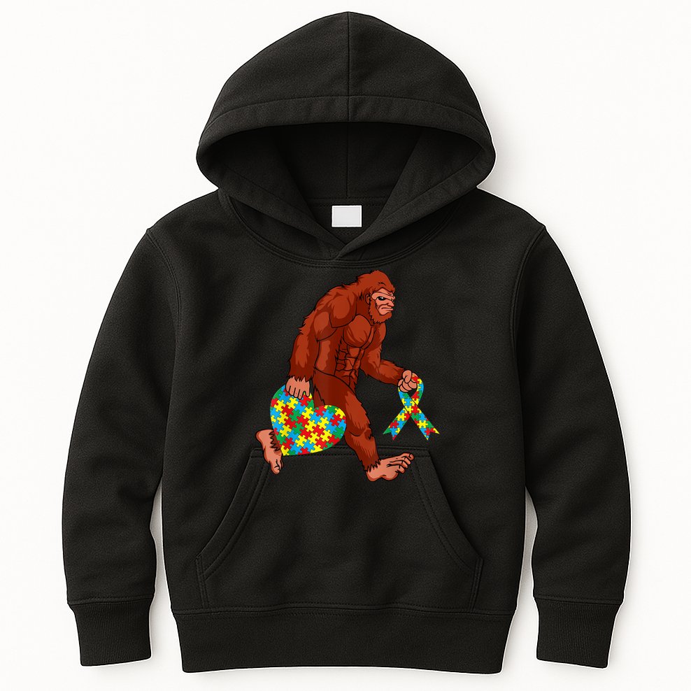 Funny Autism Bigfoot Autism Awareness Month Kids Hoodie
