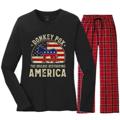 Funny Anti Biden Donkey Pox The Disease Destroying America Women's Long Sleeve Flannel Pajama Set 