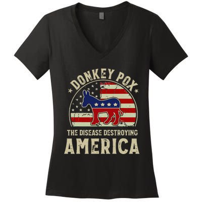 Funny Anti Biden Donkey Pox The Disease Destroying America Women's V-Neck T-Shirt