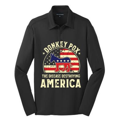 Funny Anti Biden Donkey Pox The Disease Destroying America Silk Touch Performance Long Sleeve Polo