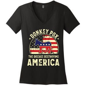 Funny Anti Biden Donkey Pox The Disease Destroying America Women's V-Neck T-Shirt