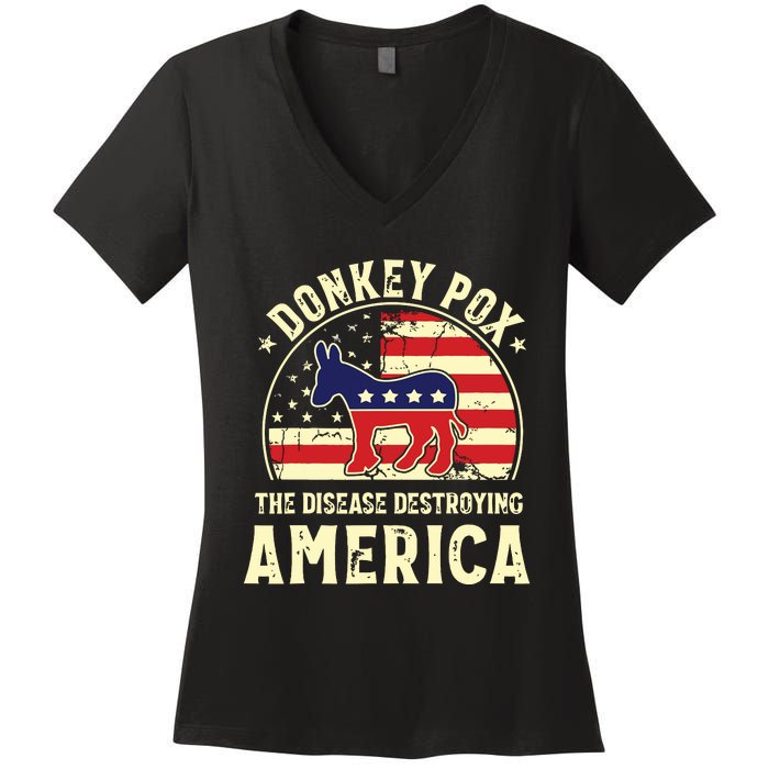 Funny Anti Biden Donkey Pox The Disease Destroying America Women's V-Neck T-Shirt