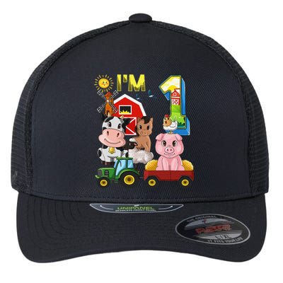 Farm Animals Barnyard Tractor 1st Birthday I'm 1 Year Old Flexfit Unipanel Trucker Cap