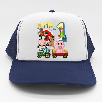 Farm Animals Barnyard Tractor 1st Birthday I'm 1 Year Old Trucker Hat