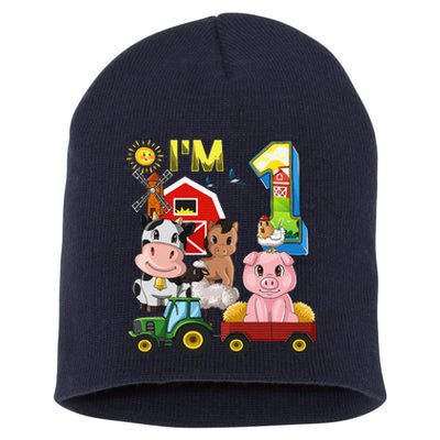 Farm Animals Barnyard Tractor 1st Birthday I'm 1 Year Old Short Acrylic Beanie