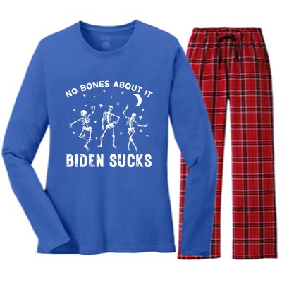 Funny Anti Biden Halloween Biden Sucks Dancing Skeletons Gift Women's Long Sleeve Flannel Pajama Set 