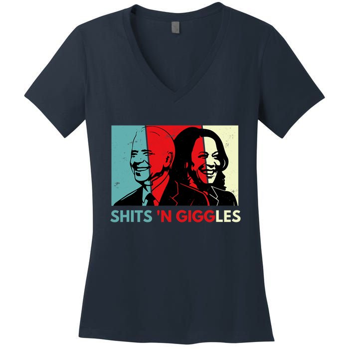 Funny Anti Biden Harris Shits 'N Giggles Political Gift Women's V-Neck T-Shirt