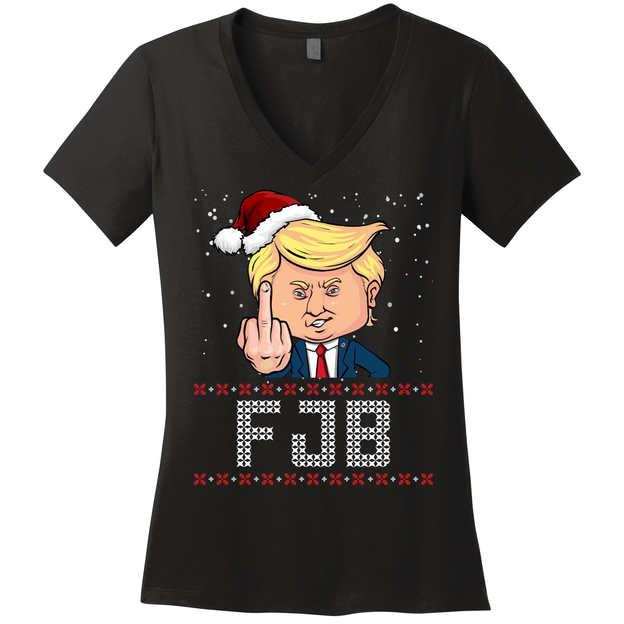 FJB Anti Biden Trump Flicking Off Ugly Christmas Women's V-Neck T-Shirt