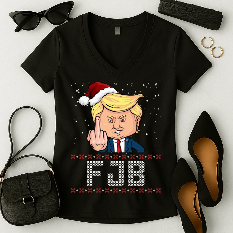 FJB Anti Biden Trump Flicking Off Ugly Christmas Women's V-Neck T-Shirt