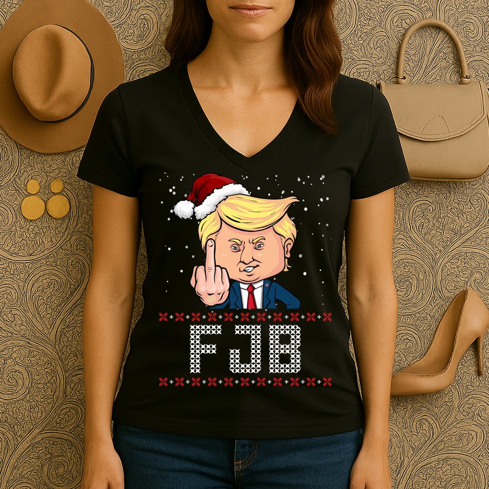 FJB Anti Biden Trump Flicking Off Ugly Christmas Women's V-Neck T-Shirt
