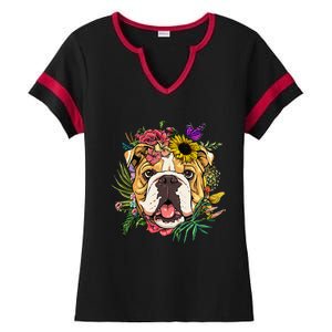 Floral American Bulldog Botanical Plant Flower Dog Lover Ladies Halftime Notch Neck Tee