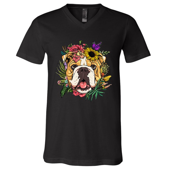 Floral American Bulldog Botanical Plant Flower Dog Lover V-Neck T-Shirt