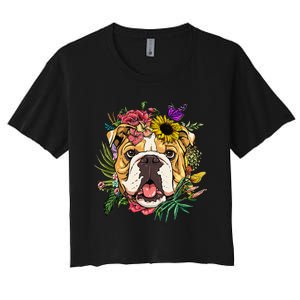 Floral American Bulldog Botanical Plant Flower Dog Lover Women's Crop Top Tee