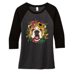 Floral American Bulldog Botanical Plant Flower Dog Lover Women's Tri-Blend 3/4-Sleeve Raglan Shirt