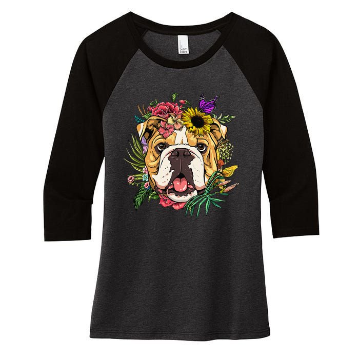 Floral American Bulldog Botanical Plant Flower Dog Lover Women's Tri-Blend 3/4-Sleeve Raglan Shirt